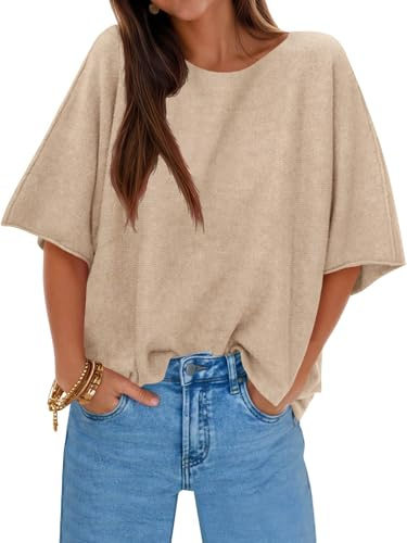 Cicy Bell Womens Half Sleeve Sweaters Oversized Boat Neck Knitted Pullover Sweater Trendy Casual Loose Fit Fall Tops Khaki