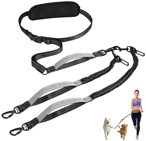 Tivray Manos Libres Correa de Cintura para 2 Perros, Ajustable Correa Doble con Correa de Cintura Desmontable, Asas Acolchadas, Amortiguador Bungee para Pasear Jogging Senderismo, Negro + Gris