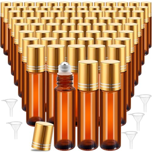 TESIN 50 botellas roll-on de 10 ml de cristal ámbar rellenables con bola de acero inoxidable para aceites esenciales, perfumes y cosméticos, incluye 5 embudos