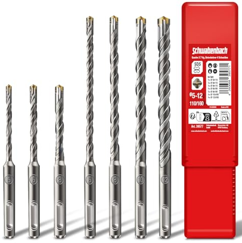SCHWABENBACH® SDS PLUS Betonbohrer Set 7tlg. Ø 5-12 mm x 110mm & 160mm | Profi Steinbohrer für Beton, Stahlbeton, Mauerwerk & Naturstein - Premium Qualität für Schlagbohrmaschine