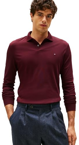 Tommy Hilfiger Men's Long Sleeve Casual Polo Shirts in Regular Fit with Liquid Cotton, Deep Burgundy, Large