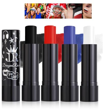 Baorder 4PCS Blau Rot Weiß und Schwarzer Lippenstift,Face Body Paint Stick Kit, Eye Black Stick für Halloween,Safe Facepaint Lip Smacking White Foundation Black Lipstick Makeup