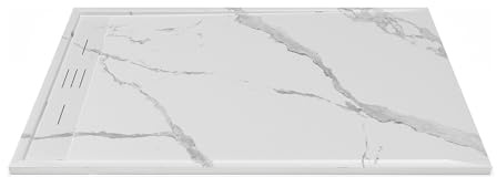 Vente-unique - Receveur de douche extra plat à poser ou à encastrer recoupable en résine SMC - Blanc marbré - 140 x 90 cm - LYROSA