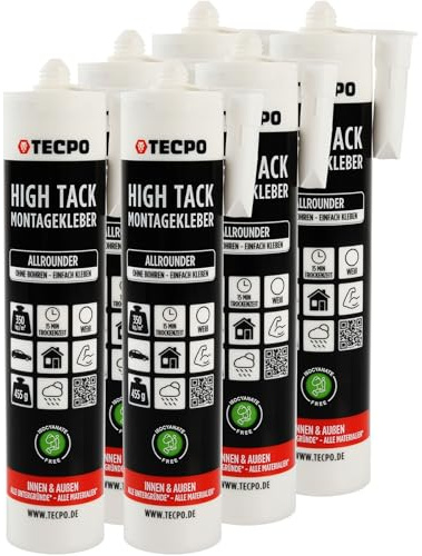 TECPO High Tack Montagekleber, 6X 455g zum Kleben, Dichten und Montieren Baukleber für Innen-und Außenbereich MS-Polymer Baukleber mit starker Anfangshaftung für Bauteile Kleben statt Bohren