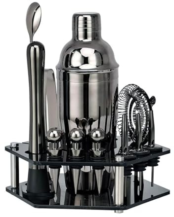 Kit de coctelera de Acero Inoxidable de 14 Piezas con Soporte de Almacenamiento, Mezclador de Barra, Juego for Preparar Bebidas for Uso doméstico y Profesional.