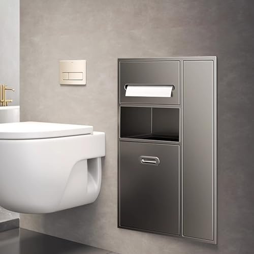 Soporte para papel higiénico debajo del mostrador con cubo de basura y almacenamiento de escobillas, acero inoxidable 304 impermeable, color gris