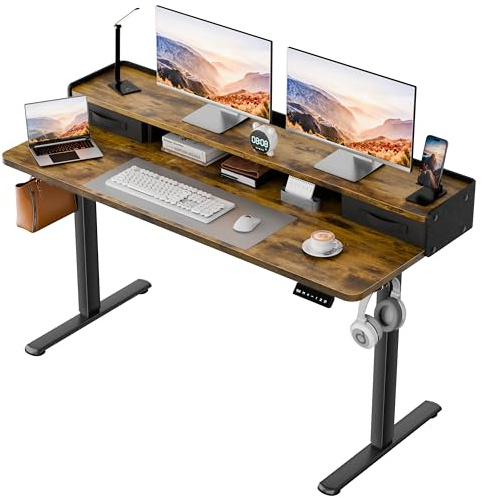 Homall Electric Standing Desk with 2 Drawers, Adjustable Height Computer Desk with Monitor Shelf Sit Stand Table with Splice Board Quick Install for Home Office (Rustic Brown, 48 Inch)