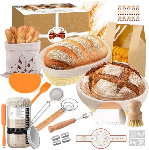 31 Piezas Banetones Para Pan, Kit Completo de Panadero,Cesta de Fermentación para Pan Con Cuchillo de Panadero, Tela de Lino, Funda, Raspador de Masa y Cepillo para Principiantes y Experimentados