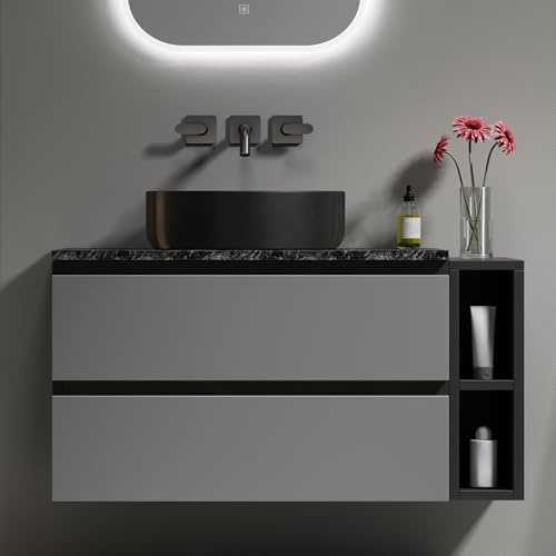 Mobile da bagno con lavandino, 80 cm, sospeso, set di mobili da bagno, nero e grigio, in marmo, design moderno