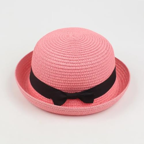 CHENWEIHAI Sonnenhut Strohhut Hut Damenreise Mode Zylinder Niedlicher Runder Oberteil Schlicht Und Leger Schleifen Strohhut (Pink)