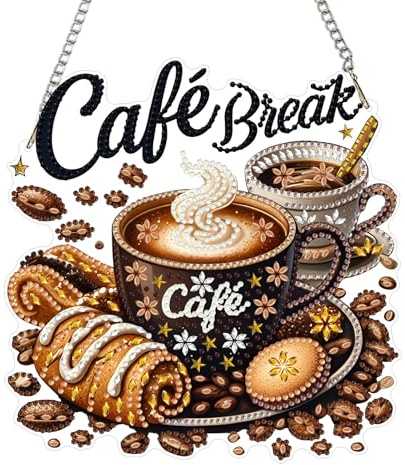 NEWENMO Café Diamond Painting Adornos Colgantes,5D Café y Pan Colgante de Pintura de Diamantes,DIY Forma Especial Kit de Diamantes de Cristal,para Decoración de Puertas y Ventanas