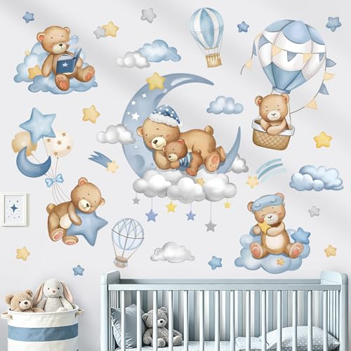 wondever Wandtattoo Bär mit Mond Ballon Wandsticker Tiere Wolken und Sterne | Abziehen und Aufkleben, Abziehbar, Wandaufkleber Selbstklebend für Kinderzimmer Babyzimmer Schlafzimmer Wanddeko
