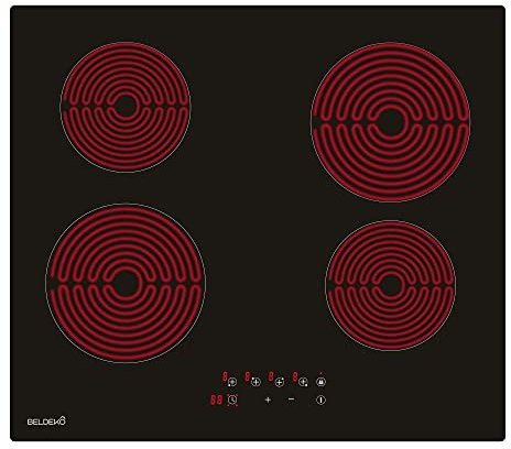 Plaque de cuisson vitrocéramique 4 foyers – 6000 W – BELDEKO – Verre noir – Commandes tactiles – Minuteur multi-zones – Verrouillage enfant – Encastrable 56 × 49 cm
