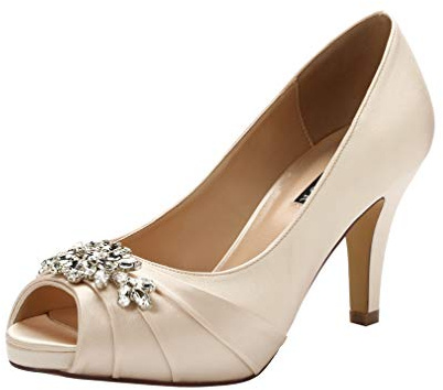 ERIJUNOR E0055 Peep Toe Mid Heels for Woman Rhinestones Satin Evening Prom Wedding Shoes Champagne Size 8.5