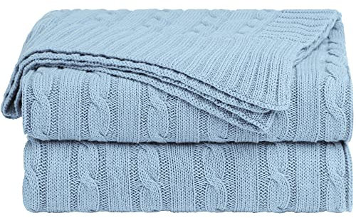 sourcing map Tagesdecke Decke mit Strickmuster 100% Baumwolle Weich & Leicht & Atmungsaktiv als Sofadecke Couchdecke Wohndecke usw. Hellblau 130x150cm