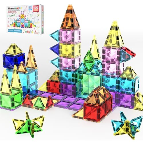 PicassoTiles 100 st magnetiska brickor mini diamant set resestorlek STEM pedagogisk byggsats för småbarn förskola pojkar flickor ålder 3 plus Montessori inomhus lärande leksak för kreativ utveckling