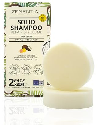 Shampoo Solido - Confezione da 2 Unità - Vegano e Naturale, Per Tutti i Tipi di Capelli, 99% Ingredienti di Origine Naturale, Con Profumo di Pompelmo e Cocco - Confezione Sostenibile - Zenential
