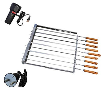 walexo Spießdreher Edelstahl, E-Motor 230 V + 5 V USB incl. 9 Spieße mit Holzgriff