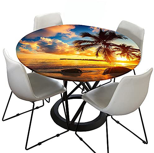 Chickw1 Tischdecke Runde Elastische Kante Wasserdicht Abwaschbar 3D-Seestückdruck Tischschoner, Tischtuch aus Polyester für Küche, Esszimmer, Garten, Balkon (Sonnenuntergang,200cm)