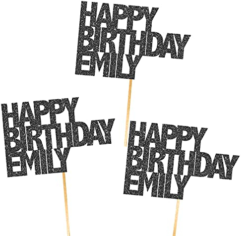 6X Personalised, Double Sided, Handmade Happy Birthday Glitter Cupcake Toppers by Cakeshop | Custom Colour Any Name 480gsm Glitter Cupcake Decorations | Black
