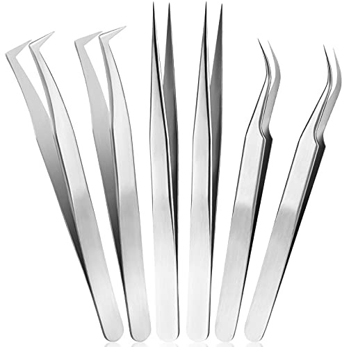 6 Pièces Pince à Épiler Extensions de Cils, Droite et Incurvée en Acier Inoxydable, Volume Individuel, Brucelles d'Isolement (Argent)