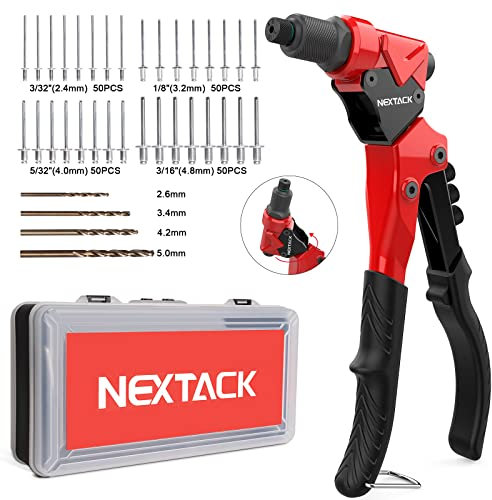 NEXTACK Rivet Gun, Pop Rivet Gun with Swivel Head for Tight Space, 4 HSS Drill Bits, 200 Assorted Rivet Kit & 4 Nosepieces in Organized Carrying Case NT200