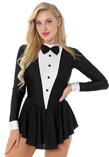 TiaoBug Damen Langarm Tanzkleid Anzug Sakko Smoking Oberteil und Mini Röckchen Innenslip Eiskunstlauf Kleider Tanzkostüm Schwarz L