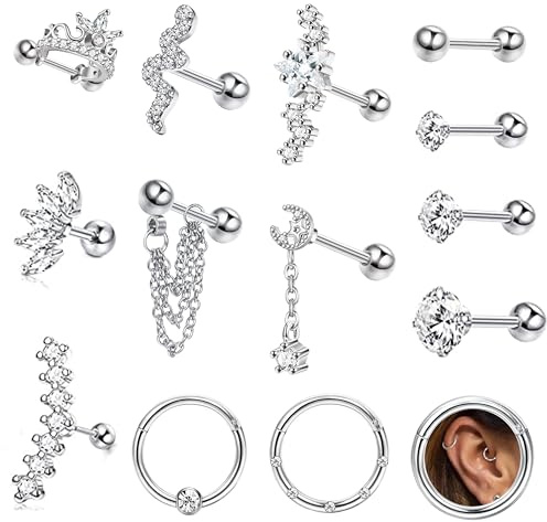 Milacolato 14St Piercing Ohr Chirurgenstahl 16G Ohrknorpel Piercing Tragus Helix Zirkonia Mond Schlange Ohrstecker Set CZ Septum Segmentring Clicker Ohrpiercing Schmuck Silber