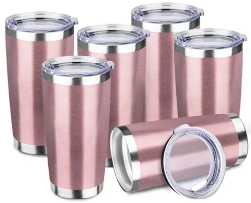 StarSpeed 20oz Tumbler Bulk with Lid, Stainless Steel Insulated Tumblers Double Wall Vacuum Insulated Travel Mug, Powder Coated Coffee Cups for Hot and Cold Drinks(Rose Gold,6)