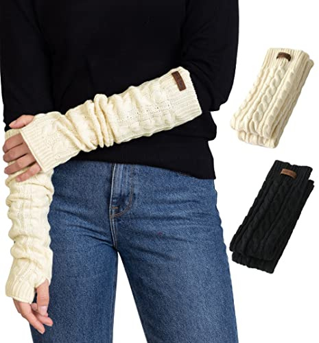 Brook + Bay Arm Warmers Women Men - Fingerless Long Arm Warmer - Knit Armwarmers with Thumb Hole - Fingerless Long Gloves - Stay Warm and Cozy with Extra Thick Cable Knit Design
