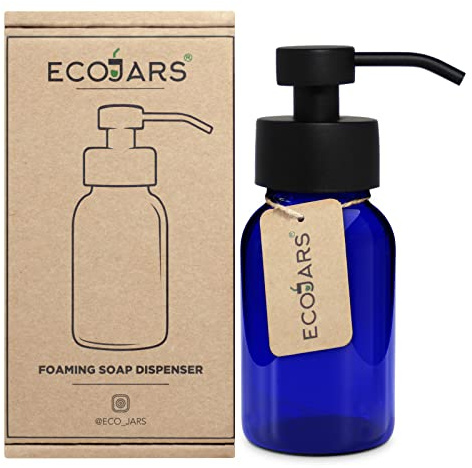 Foam Hand Wash Soap Dispenser, Version 2, Blue Glass 250ml, Mat Black Colour, Stainless Steel, Scandinavian Inspired Decor Kitchen Home (Blue Glass)