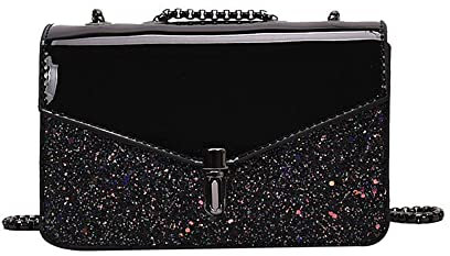 Borse a tracolla in pelle verniciata per le donne con cinturino a catena moda Flap Top Satchel borsa a tracolla borsa, Nero , medium