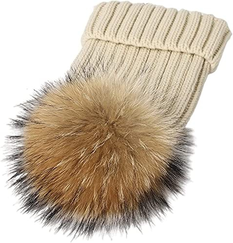 ANZII Damen Echtfell Waschbär Fell Pelz Bommel Strick Mütze Winter-Mütze Bommelmütze warme Schirmmützen