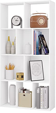 WOLTU Bücherregal mit 4 Ebenen, Regal mit 10 Fächern für Wohnzimmer Küche Büro, Standregal mit Kippschutz, als Raumteiler Aktenschrank, 60x120x20 cm, aus Holzwerkstoff, Weiß