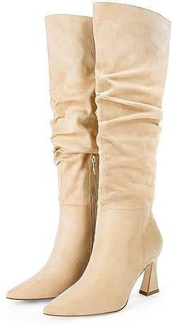 Coutgo Women's Slouchy Knee High Boots Wide Calf Pointed Toe Side Zipper Chunky Heel Long Boots Winter Shoes, Beige, Size 7