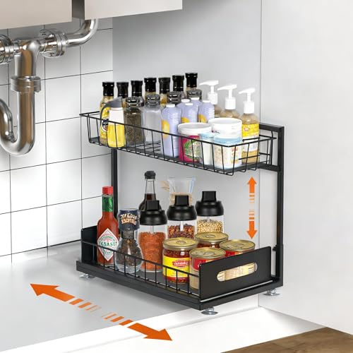 Rangement Sous éVier En MéTal,2 Niveaux Coulissant Etagere Sous Evier De Cuisine Avec Hauteur RéGlable 18-24cm,Multi-Usage Organisateur Sous Pour Placard De Cuisine Garde-Manger, 1 PièCe, Noir