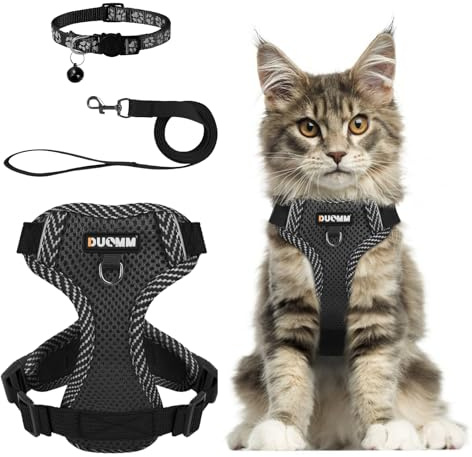 Muecleao Katzengeschirr mit Leine Ausbruchsicher, Katzenleine mit Geschirr für Katzen, Verstellbares Katzengeschirr Katzenhalsband mit Reflektierenden Streifen für Outdoor Training Gehen (Schwarz, M)