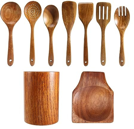 FutureHight Lot de 9 Cuillères en Bois pour la Cuisine avec Porte-Ustensiles - Ensemble en Teck