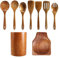 FutureHight Lot de 9 Cuillères en Bois pour la Cuisine avec Porte-Ustensiles - Ensemble en Teck