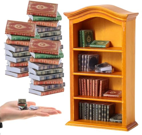 Johiux Wichtel Zubehör Weihnachten Puppenhaus Zubehör,1:12 Miniatur-Puppenhausbücher und 1 Miniatur-Holzbuchregal,Miniatur Zubehör Bücherregal Bücher Miniatur Bibliothek Dekoration.