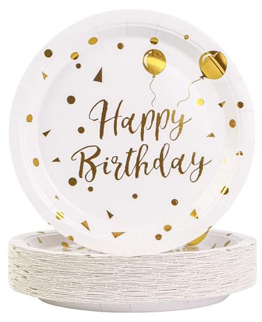 DHAIQC Lot de 50 Assiette Jetable Or Noir 17,8 cm, Kit Vaisselle Jetable Anniversaire Assiette Carton pour Barbecue Anniversaire ou Fête Baby Shower Mariages (Blanc)