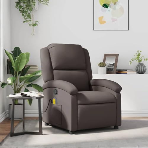 Gecheer Sillón de Masaje Reclinable con Función de Vibración y Puntos de Masaje - Cuero Auténtico - Color Marrón Oscuro - 135 Grados de Inclinación
