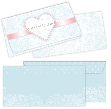 50 Dankeskarten mit 50 Kuverts für Hochzeit, Standesamt, Geburtstag, Konfirmation, Kommunion, Taufe, Geburtstag, Jubiläum. Klappkarten 21 x 10,5 cm. Design mit elegantem Ornament und Herz rosa blau