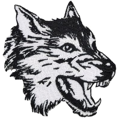 Wolf Kopf Schwarz Weiß Aufnäher zum aufbügeln oder aufnähen Bügelbild Aufbügler für Kleidung gestickter Bügelpatch Applikation Hund Patch Größe 7,7 x 7,8 cm