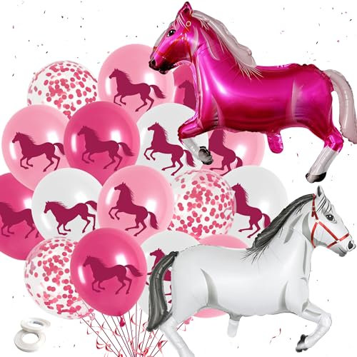 Pferde Deko Geburtstag Luftballon Mädchen - 55 Stück Rosa Pferd Förmige Folienballons Latexballons und Konfetti Ballons, Cowgirl Geburtstagsdeko für Kindergeburtstag Babyparty