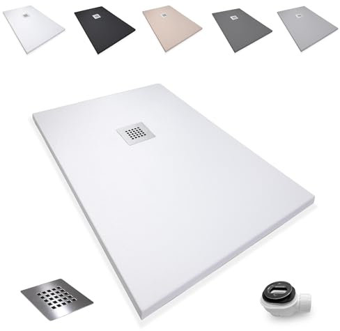 Plato de Ducha Antideslizante 70x80cm en Resina - Resistente a Agentes Químicos, Antibacteriano con Rejilla Desagüe y Válvula Sifón - Color Blanco