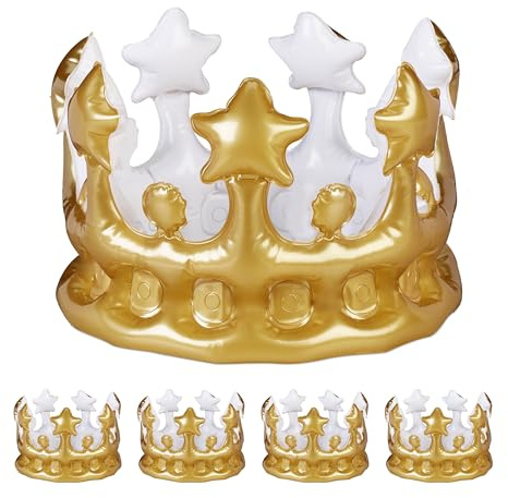 Relaxdays Aufblasbare Krone, 5er Set, Kostümzubehör Karneval, Accessoire für Prinzessin, König, Geburtstagskrone, Gold