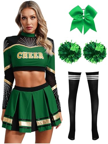 Miutii Damen Cheer Leader Kostüm Cheerleading Uniform 5tlg.Langarm Crop Tops mit Rock Pompoms Socken Haarband Tanzkleid Karneval Fasching Partykleid