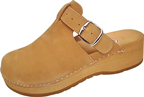 Schweden Holz Clogs - Pantolette Gr.35-36-37-38-39-40-41 Nubuk Wild Leder - Fuchsia - Beige - Grün (Beige/Honig, EU Schuhgrößensystem, Erwachsene, Damen, Numerisch, M, 38)