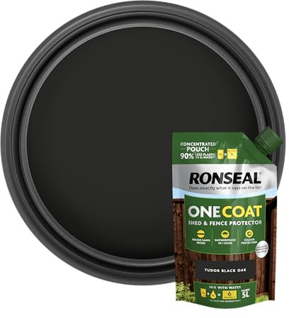 Ronseal One Coat Shed & Fence Pouch Tudor Black 950ml - Mix with Water to Make 5 Litres of Paint for Effortless Coverage and Long-Lasting Protection